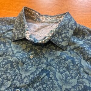 Robert Graham Mens XL Blue Damask Floral Cotton Short Sleeve Button Down Shirt